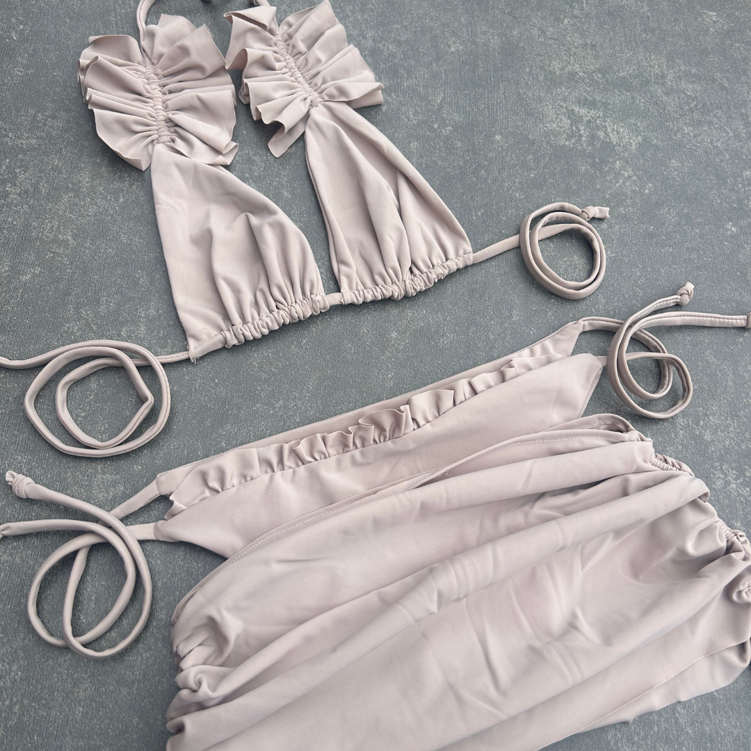 IN STOCK - BEIGE RUFFLE KINI AND SKIRT