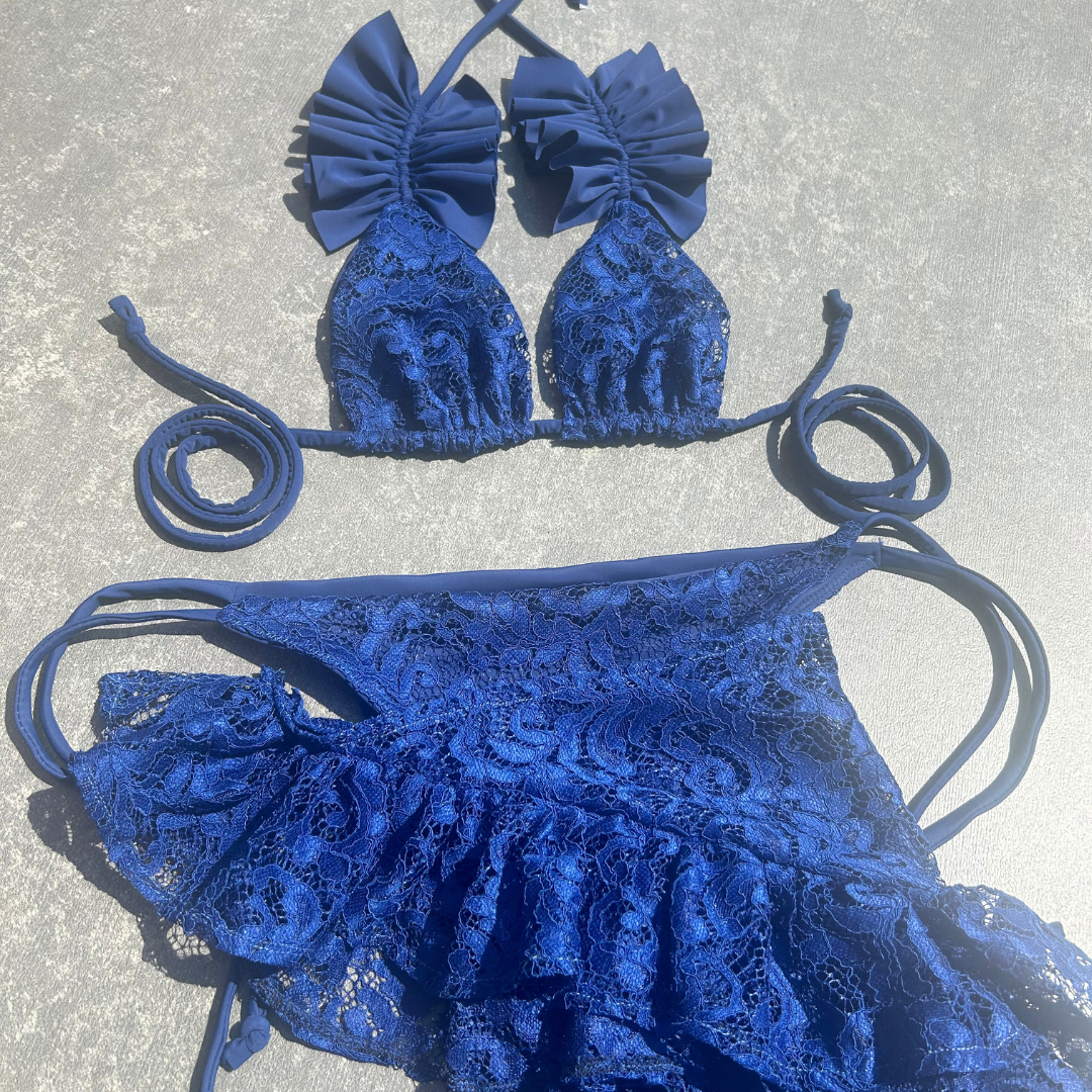 IN STOCK - NAVY RUFFLE LACE KINI WITH SARONG