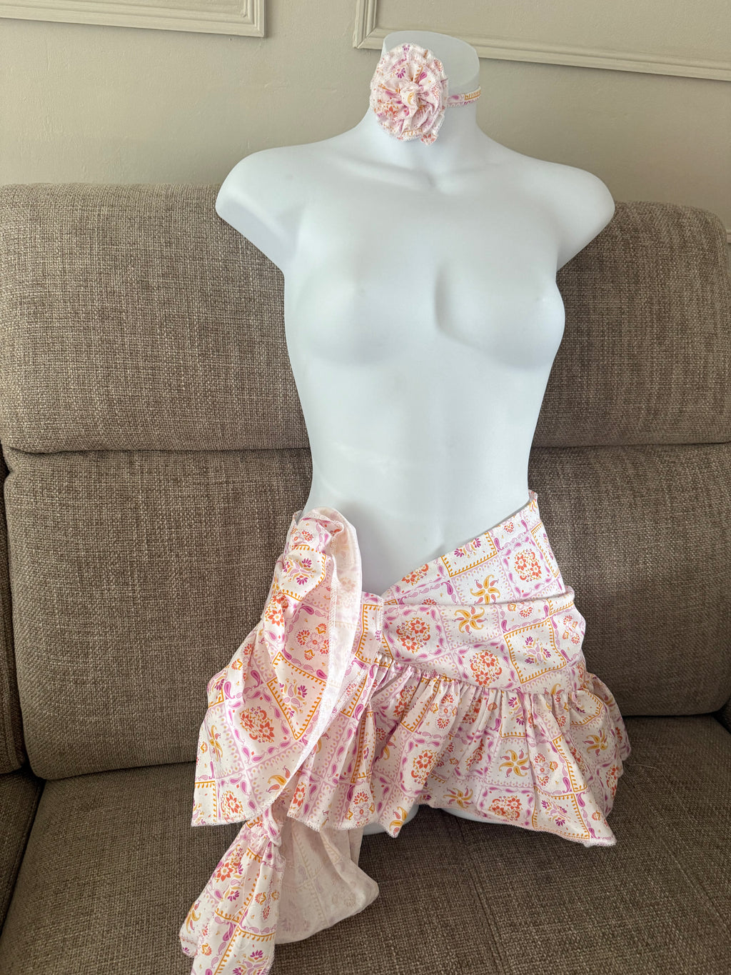 READY TO SEND - Mini Ruffle Sarong With Rose Choker Pink & Orange