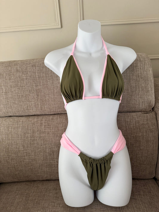 READY TO SEND - REWORKED Khaki and Baby Pink bikini