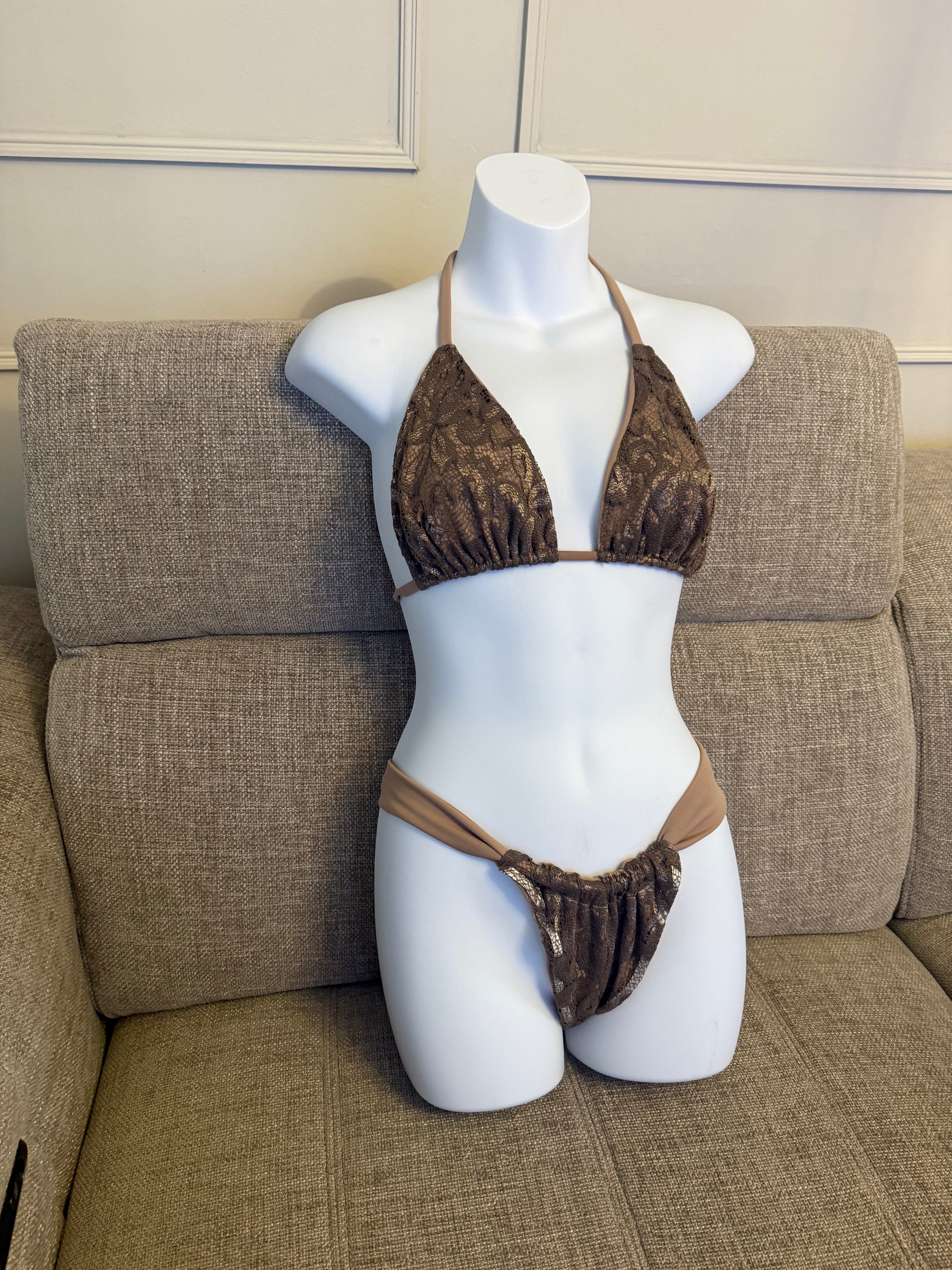 READY TO SEND - Brown Lace Bikini & Ruffle Sarong