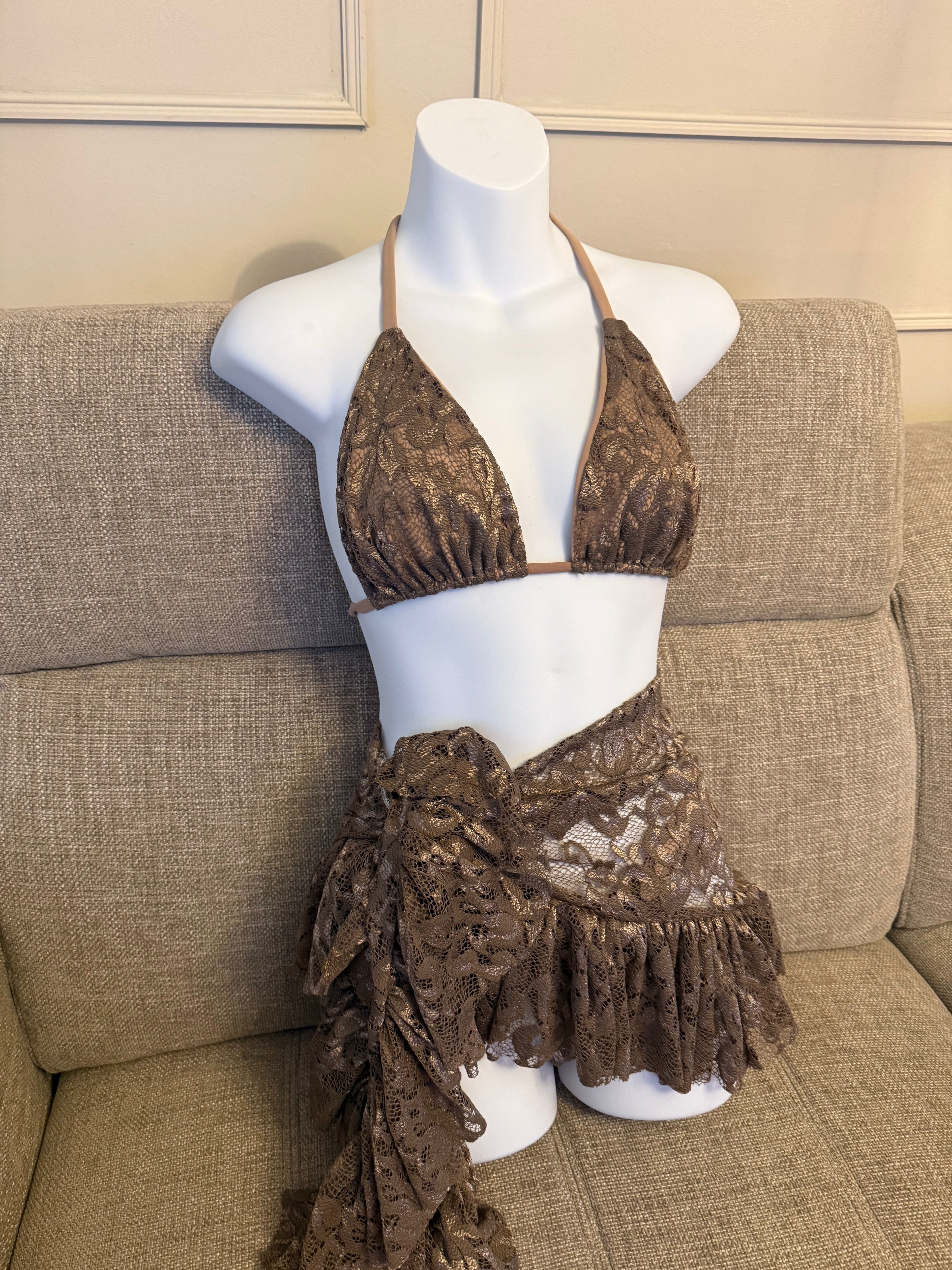 READY TO SEND - Brown Lace Bikini & Ruffle Sarong