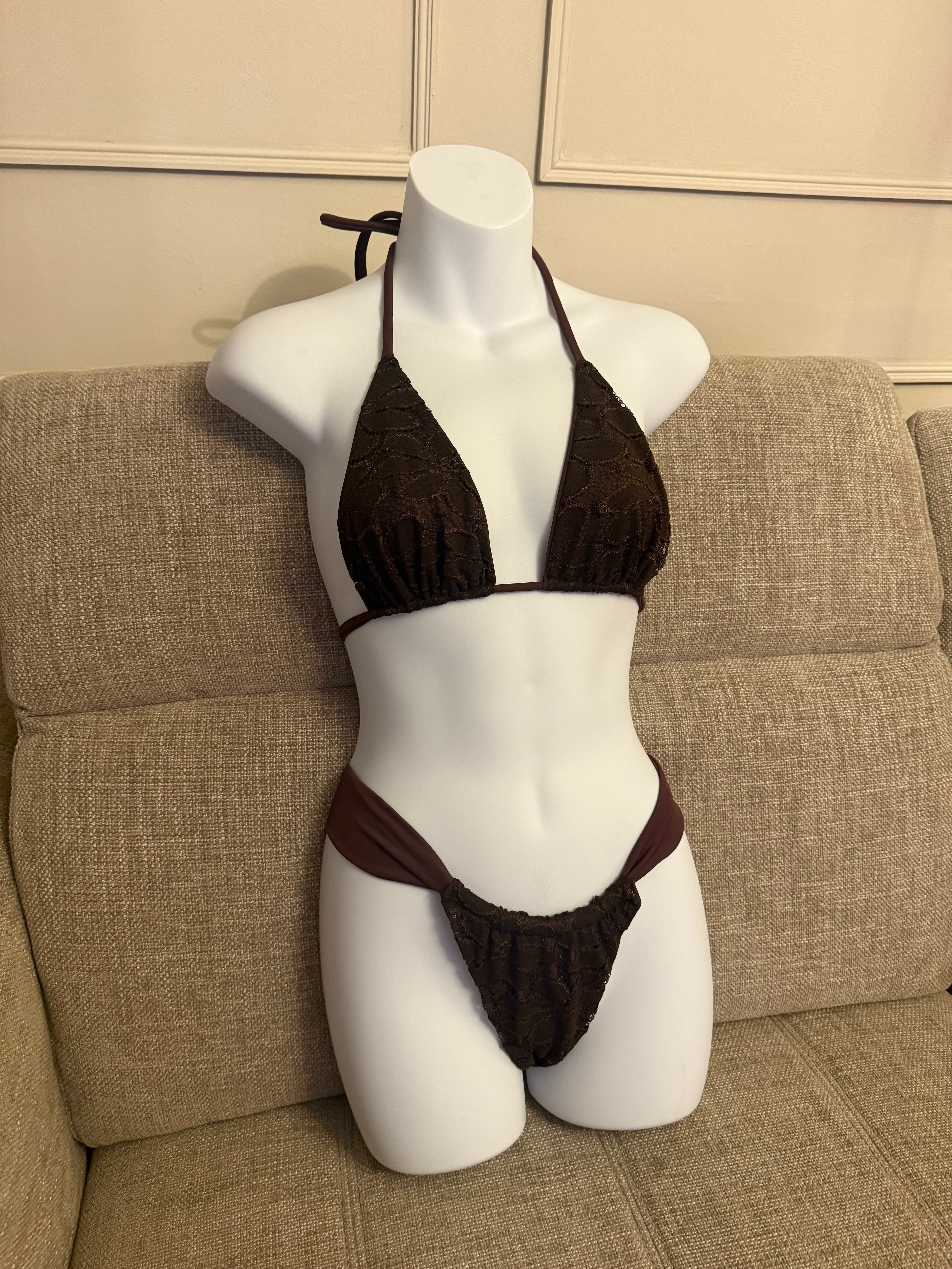 READY TO SEND - Chocolate Brown Lace Bikini & Long Skirt