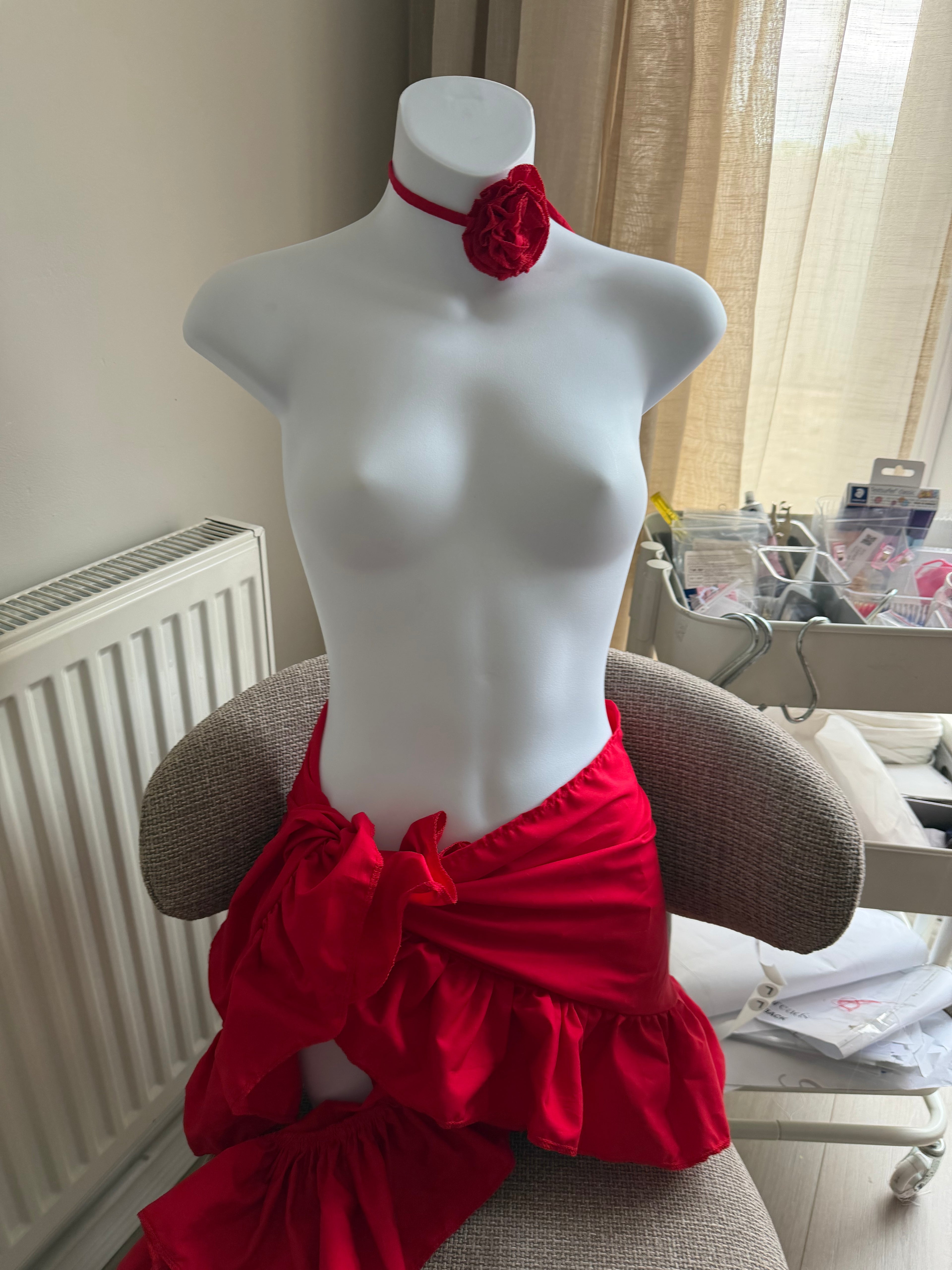 Mini Ruffle Sarong With Rose Choker Red