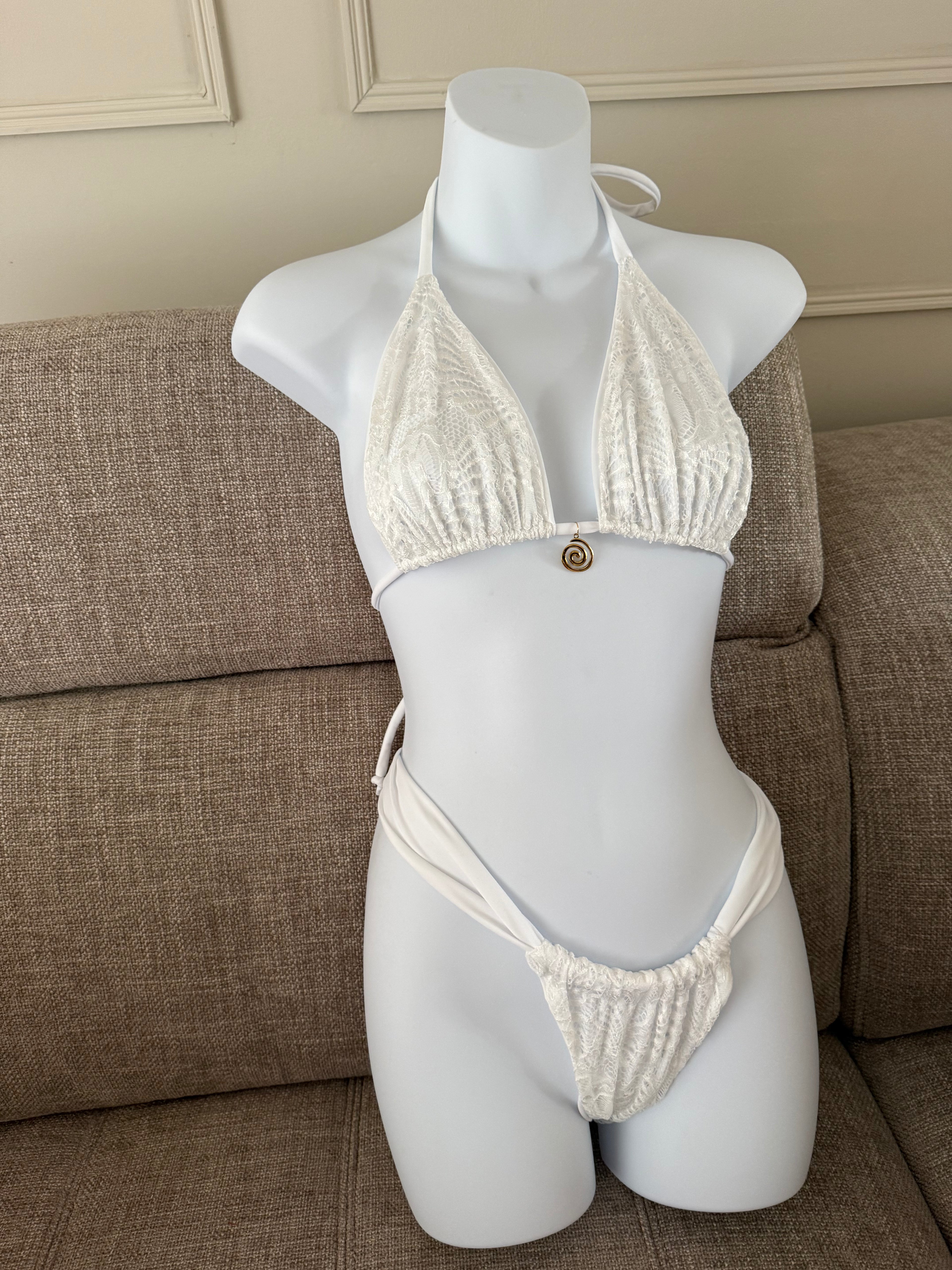 READY TO SEND - White Lace Bikini with Charm Details